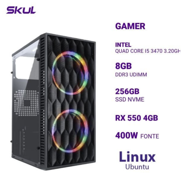 Computador 5000 Quad Core I5 3470 3.20Ghz Mem 8Gb Ddr3 Ssd 256Gb Nvme Rx 550 4Gb Fonte 400W Linux Ubuntu