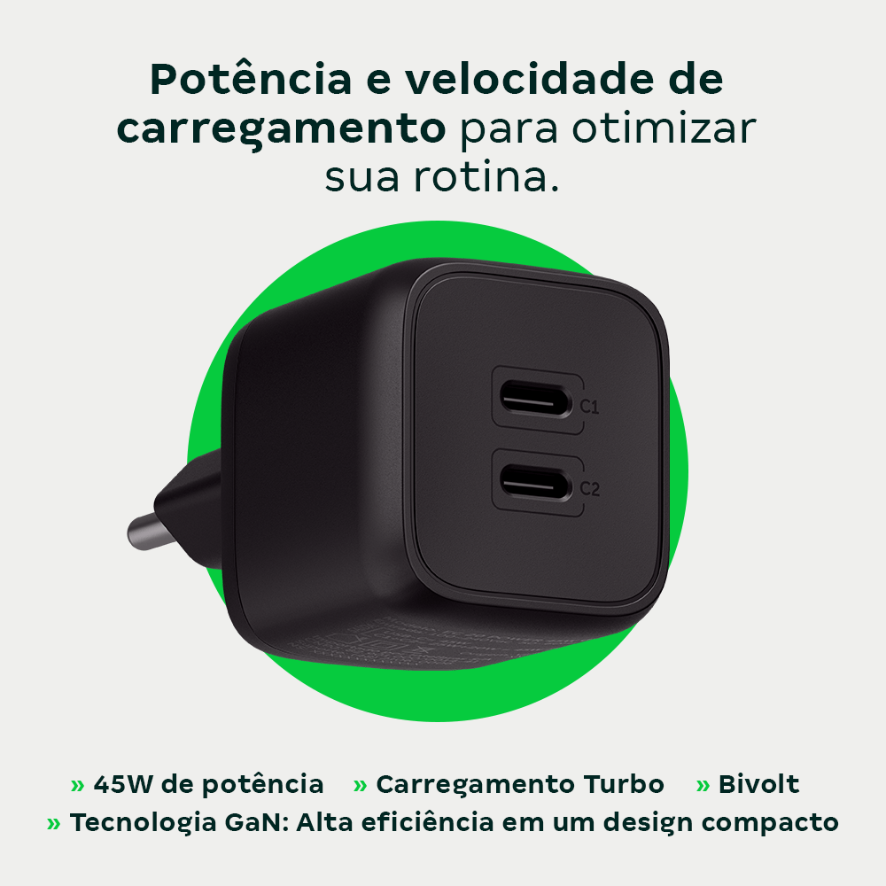 Carregador Ultrarrapido 45W C/ 2 Portas Usb-C Gan Ec20 4820191 - Imagem 5