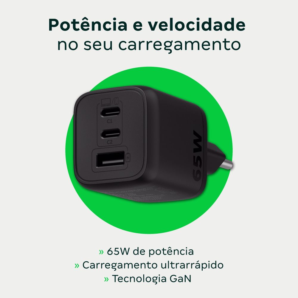Carregador Ultrarrapido 65W C/ 3 Portas Usb (1 Usb-A + 2 Usb-C) Gan Ec21 4820190 - Imagem 7