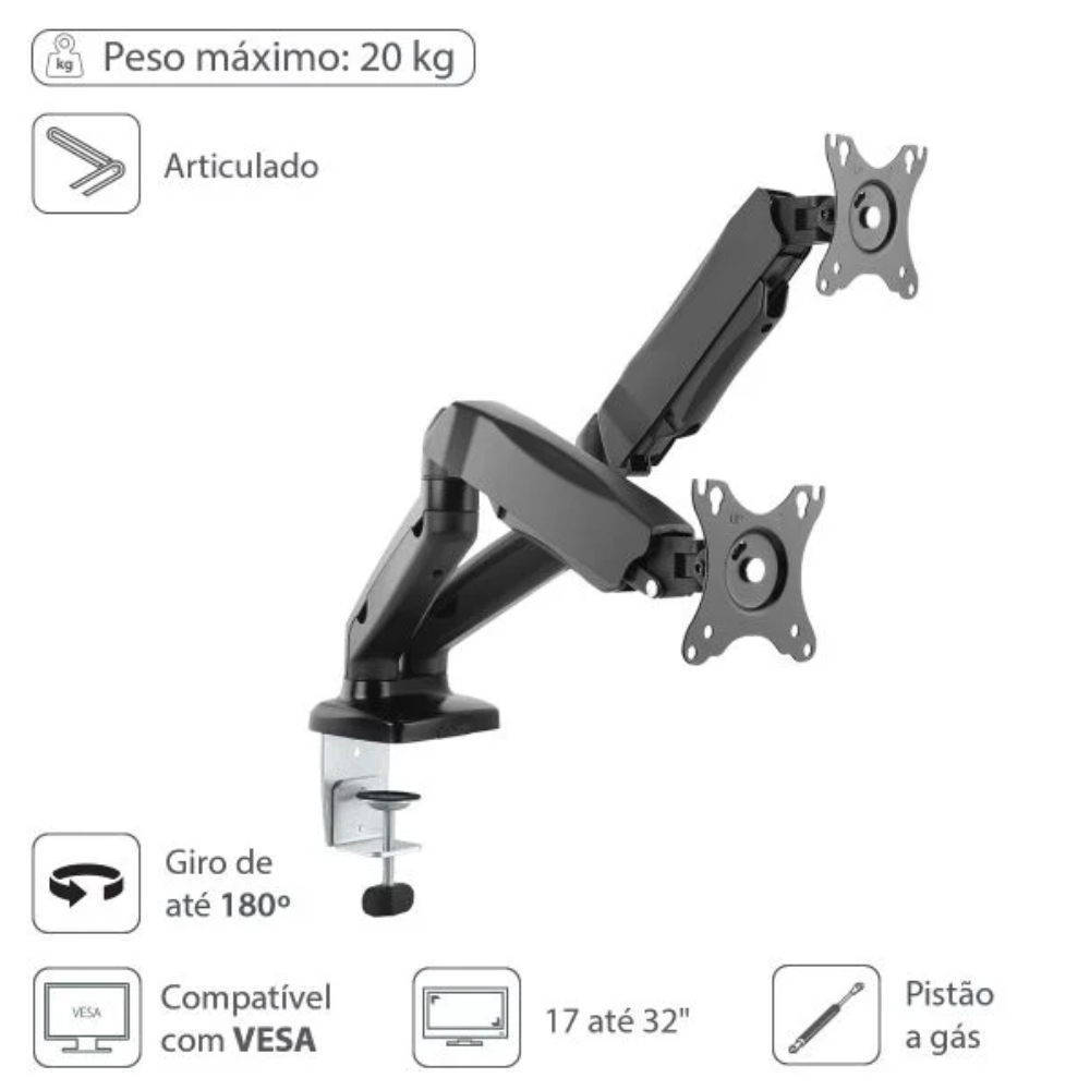 Suporte Articulado Para 2 Monitores De 17 A 32" C/ Pistão A Gás - Sm-341B